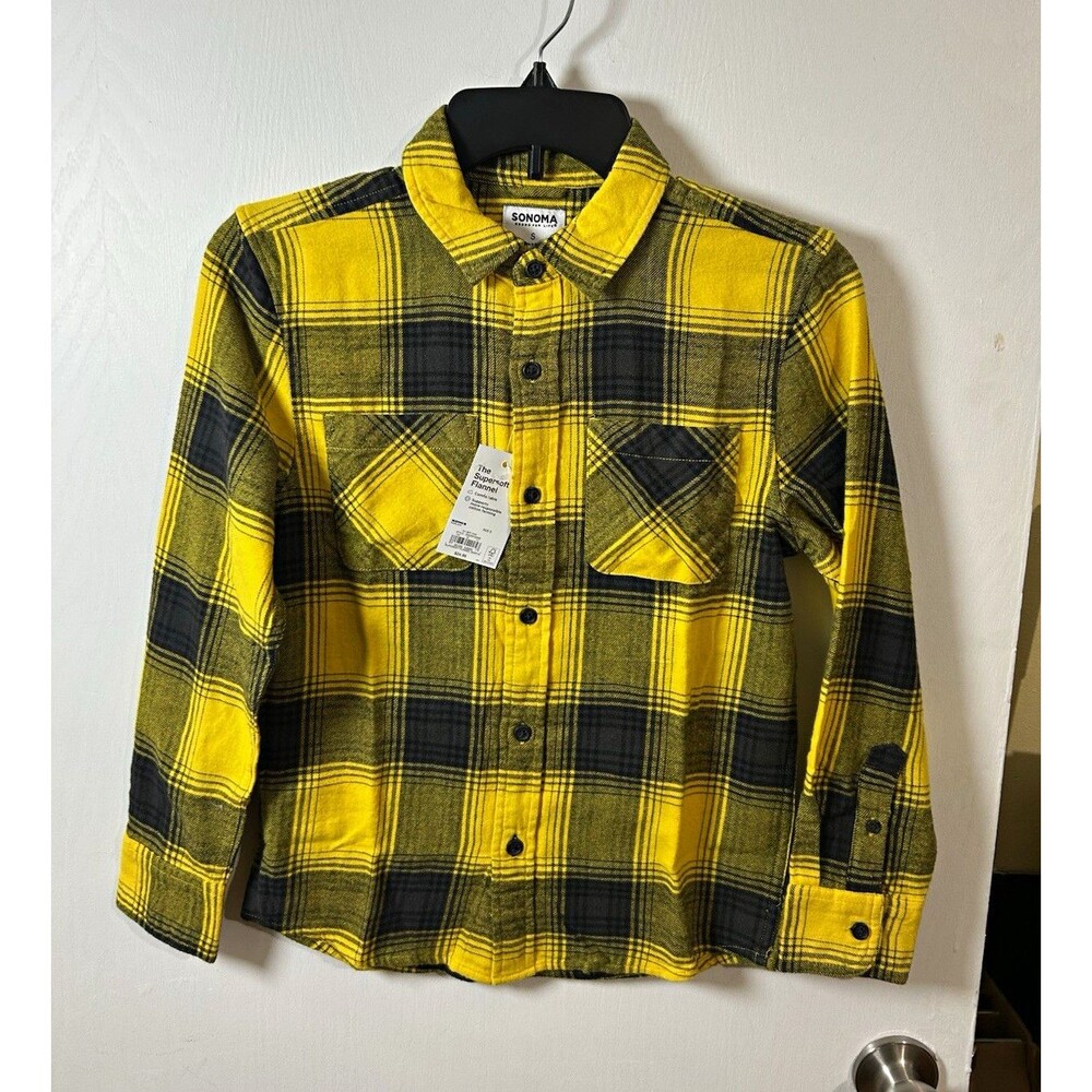 Sonoma Boys S Yellow/Black Plaid Flannel LS Button-Up Shirt